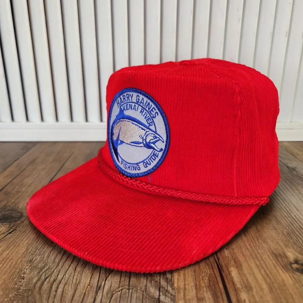 VTG Harry Gaines Kenai River Fishing Guide Patch Strapback Hat Red Corduroy Rope